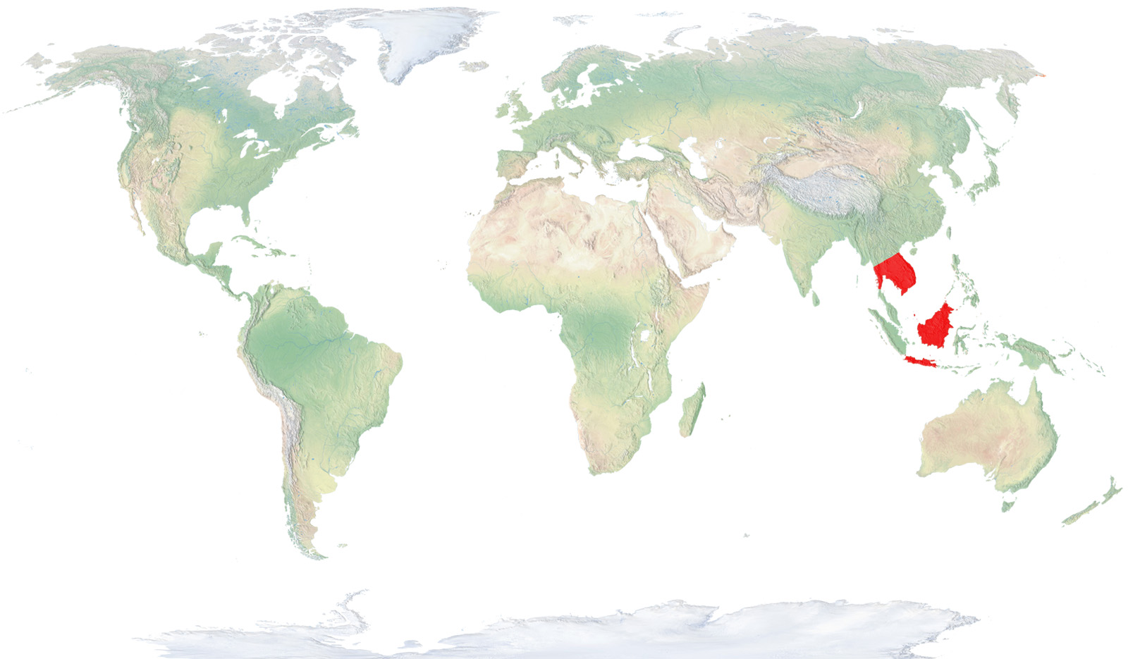 Tailàndia, Laos, Cambodja, el Vietnam, Malàisia i algunes illes d'Indonèsia com Java i Borneo